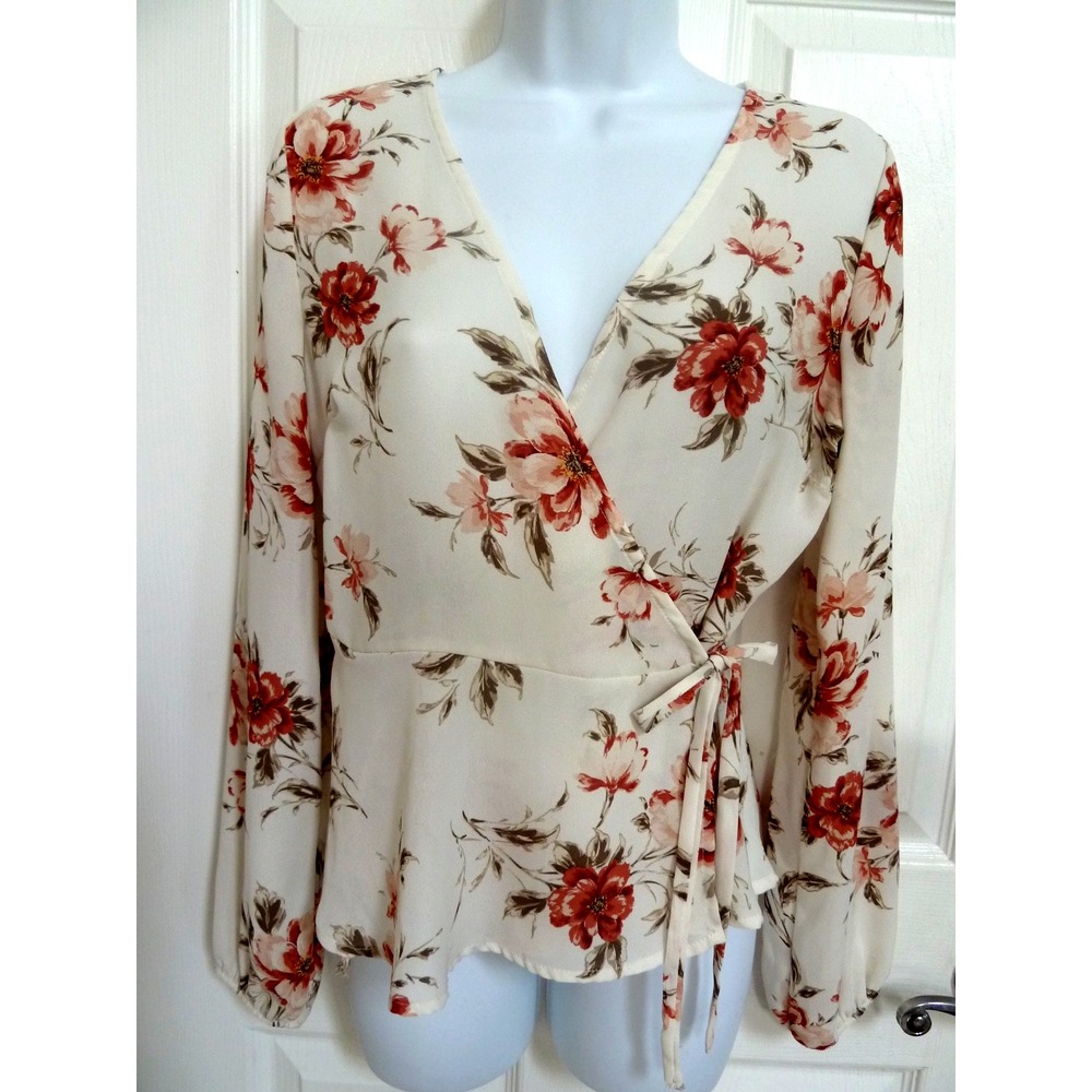 Charlotte Russe Floral Wrap Blouse M Y2K Romantic Cottage Career Tie Top Ivory